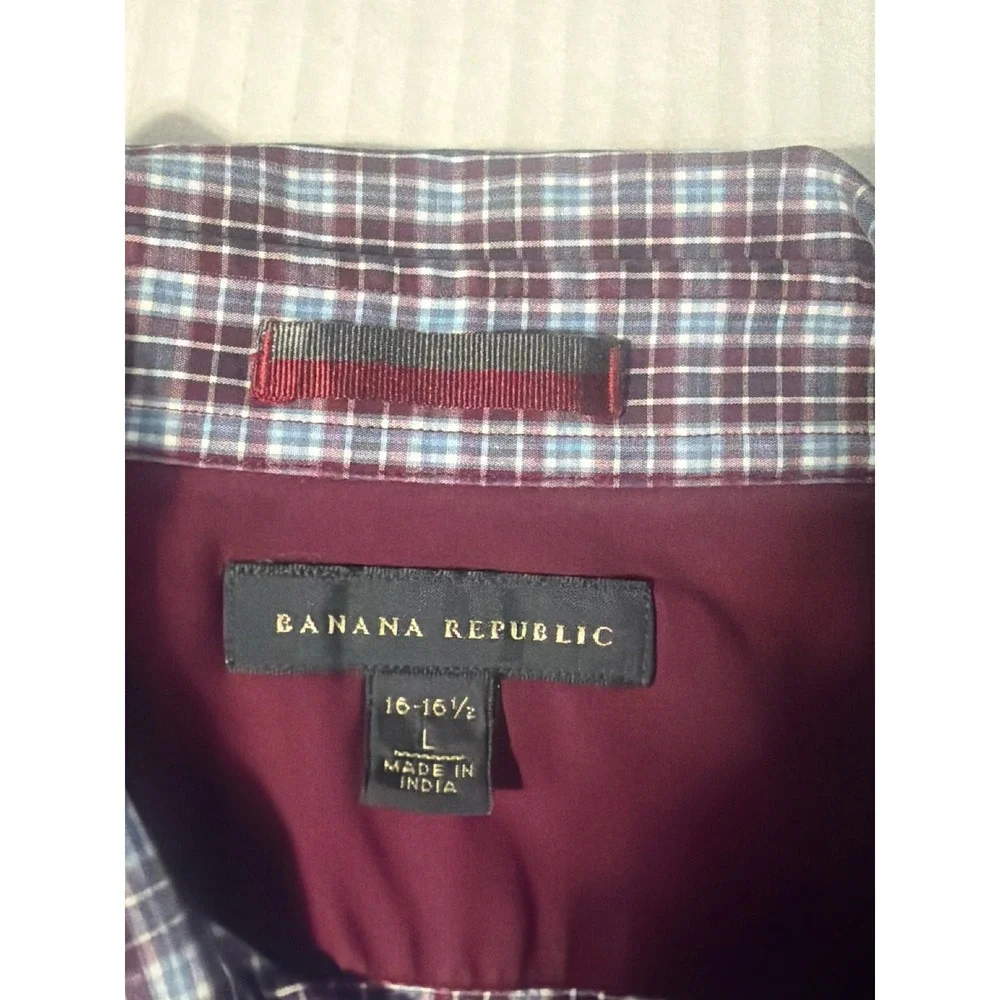 Banana Republic Mens Plaid Button Down Shirt Burgundy Blue L 16-16.5